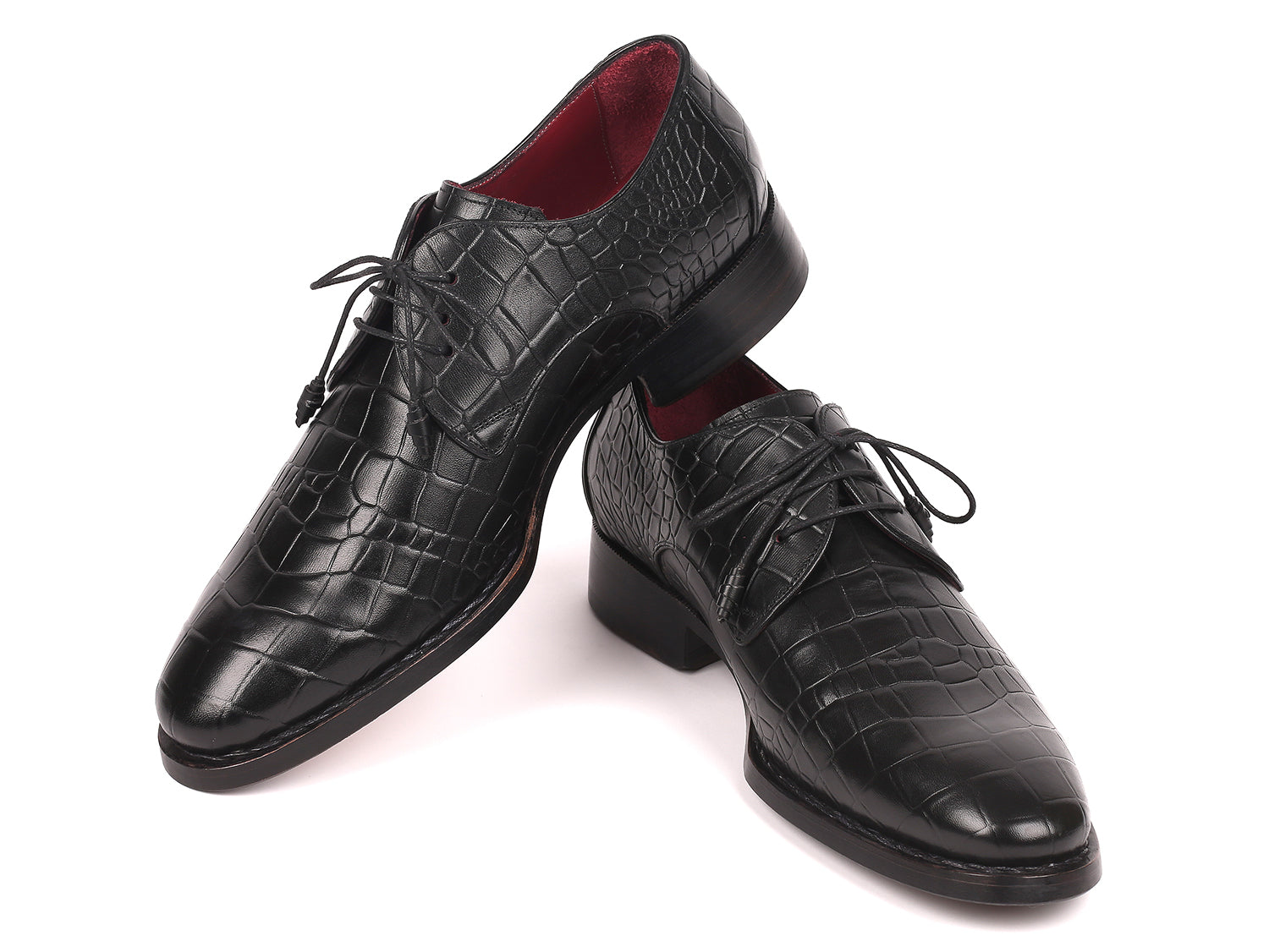 Paul Parkman Black Crocodile Embossed Calfskin Derby shoes showcasing luxurious hand-painted finish and Goodyear welted construction.